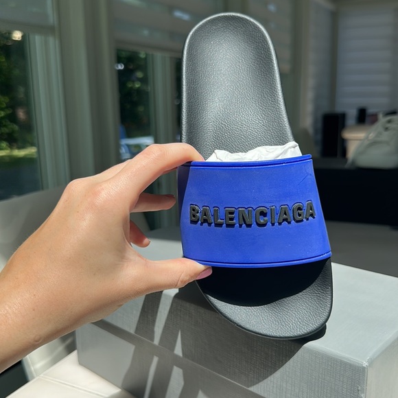 BALENCIAGA SLIDES BLUE 37 NW BOX SOME SMUDGES - Picture 2 of 5